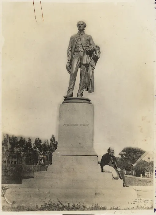 Statue of John Robert Godley, Christchurch, with Dr Alfred Charles Barker seated below