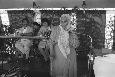 Image: Whina Cooper speaking at Waitangi Hui