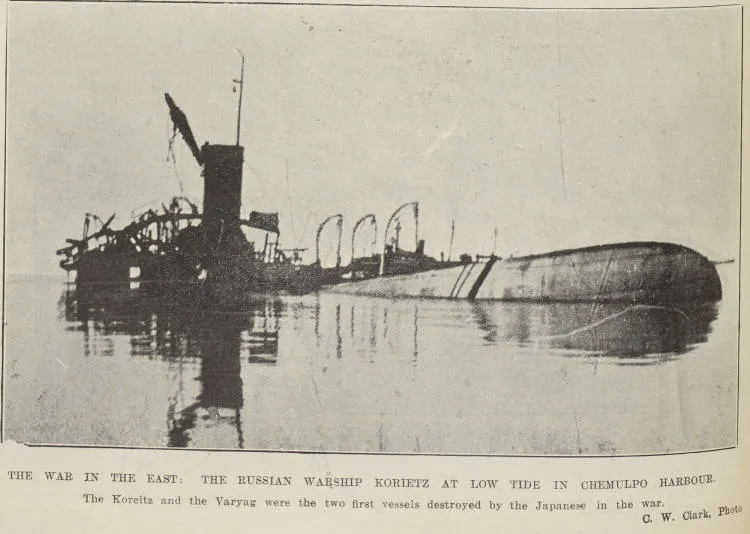 The war in the east: the Russian warship Korietz at low tide in Chemulpo harbour