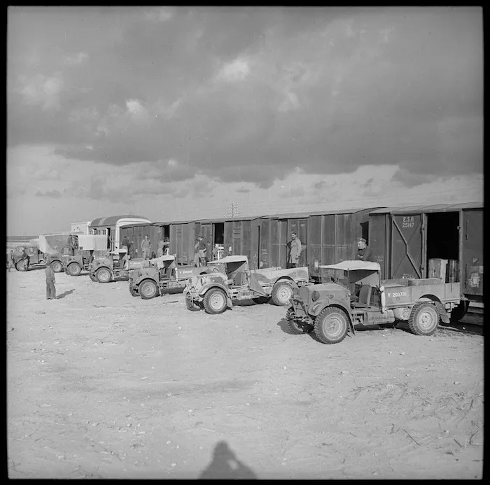 NZASC trucks drawing rations at Western Desert railhead