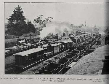 Image: A BUSY WAIKATO COAL CENTRE: VIEW OF HUNTLY RAILWAY STATION, SHOWING COAL TRAINS READY TO LEAVE FOR AUCKLAND