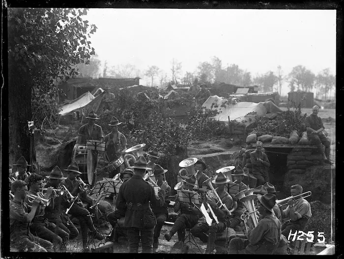 A band playing at the New Zealand Rifle Brigade's camp near Ypres, World War I