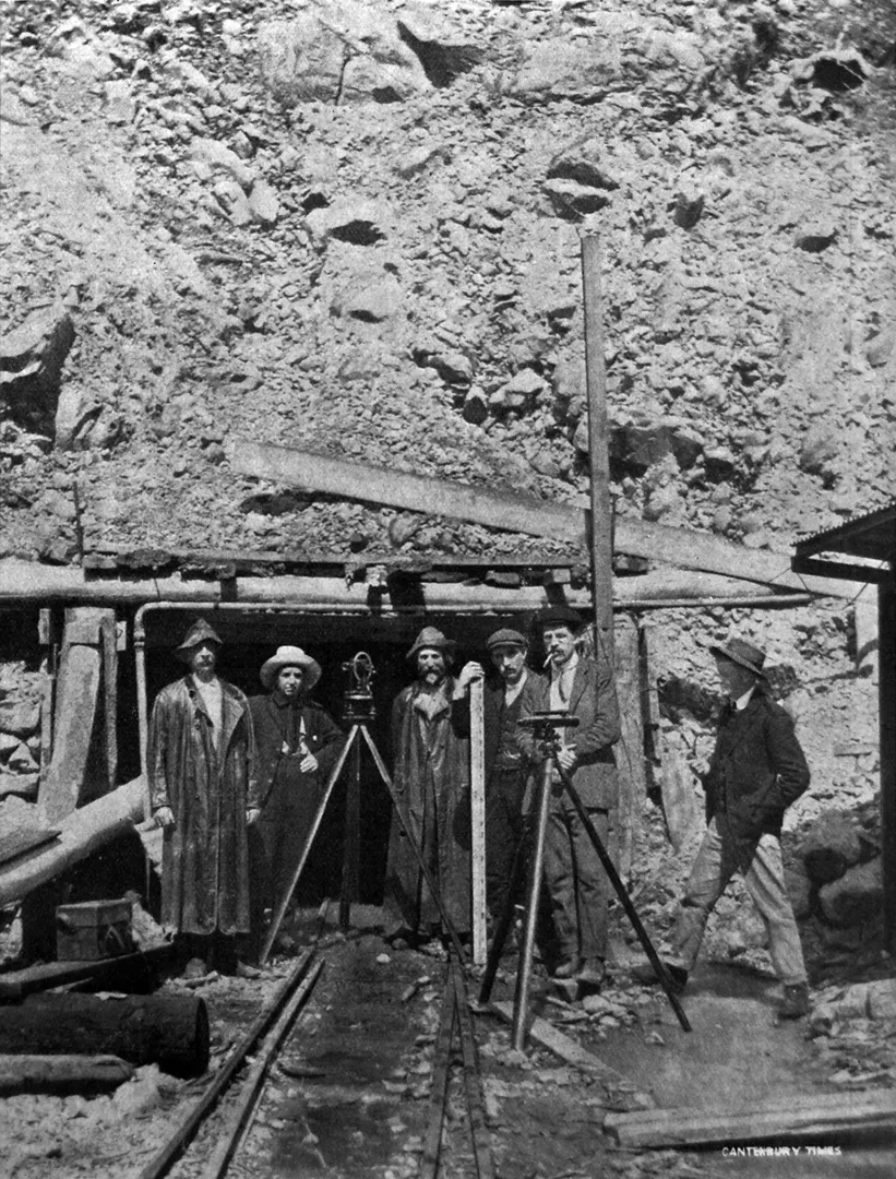 Engineering staff at the mouth of the Otira tunnel