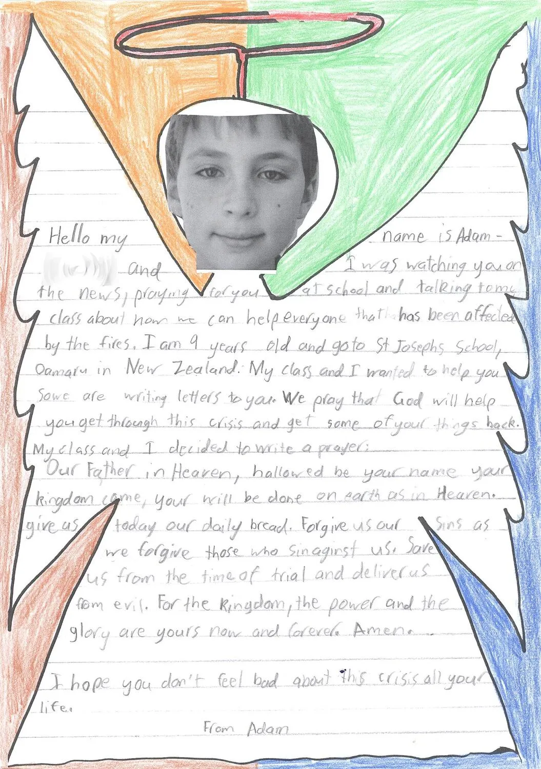 Letter - Adam to The Alfred Hospital Burns Unit, St. Joseph's School, Oamaru, New Zealand, Feb 2009