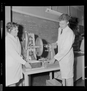 Image: Pharmacy students using tablet making machine at the Central Institute of Technology, Petone, Wellington