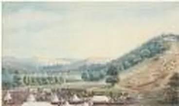 Image: Ohaiawai [i.e. Ohaeawai], N.Z., at the moment of retaking the hill on the morning of 1st July, 1845 [picture] /
