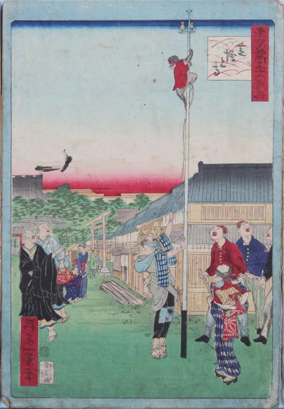 People with monkey climbing to the top of a telegraph pole.