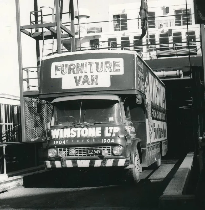 Winstone Publication: 1967 The huge Winstone Bedford furniture van #1904 moves off the inter-island ferry, "Wahine" on a return trip to and from Christchurch