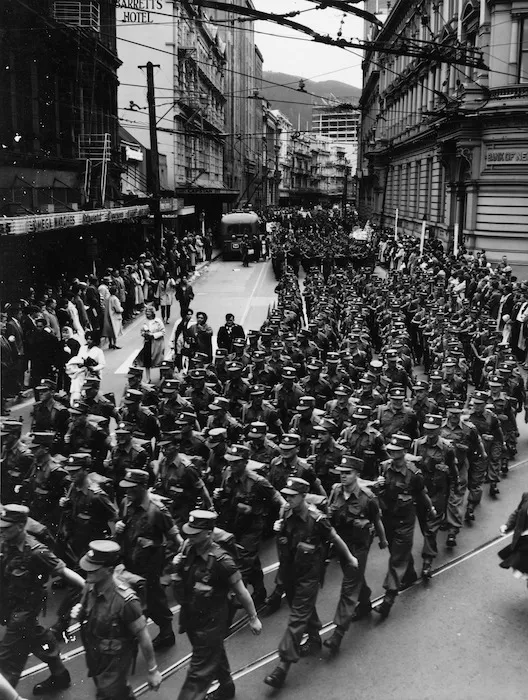 New Zealand soldiers marching through Lambton Quay, Wellington