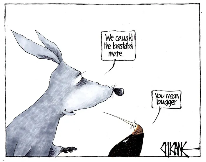 Australian kangaroo and Kiwi bird have "caught the bugger mate"