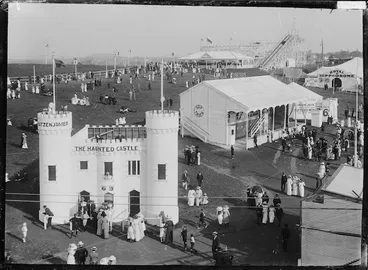 Image: View of Wonderland showing the Haunted Castle and Roller Coaster, Auckland Exhibition, Auckland Domain