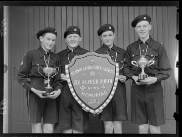 Image: St John Ambulance cadets, Wellington champions, with the Sir Alfred Robin Memorial Shield and trophies