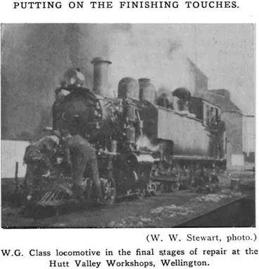 Image: Putting on the Finishing Touches. — (W. W. Stewart, photo.) — W.G. Class locomotive in the final stages of repair at the Hutt Valley Workshops, Wellington