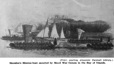 (Print, courtesy Alexander Turnbull Library.) — Marsden's Mission-boat escorted by Maori War Canoes in the Bay of Islands Image: (Print, courtesy Alexander Turnbull Library.) — Marsden's Mission-boat escorted by Maori War Canoes in the Bay of Islands