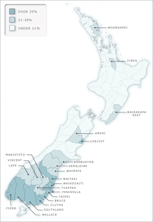 Percentage of Scottish-born among all non-Māori people in New Zealand counties, 1878
