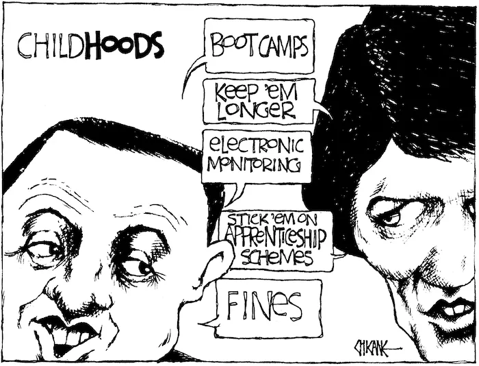 ChildHOODS "Boot camps." "Keep 'em longer." "Electronic monitoring." "Stick 'em on apprenticeship schemes." "Fines." 31 January, 2008