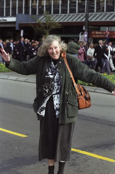Image: Photographer Ans Westra during a parade in Wellington for Vietnam veterans - Photograph taken by Ross Giblin