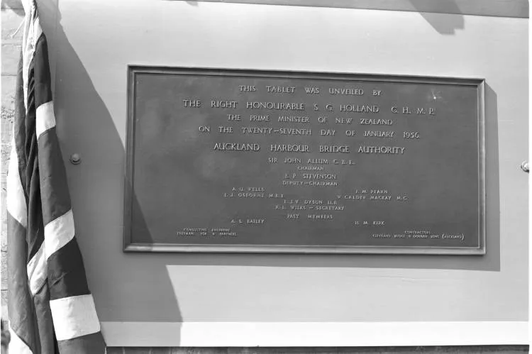 Unveiling the foundation stone for the Auckland Harbour Bridge, Westhaven, 1956