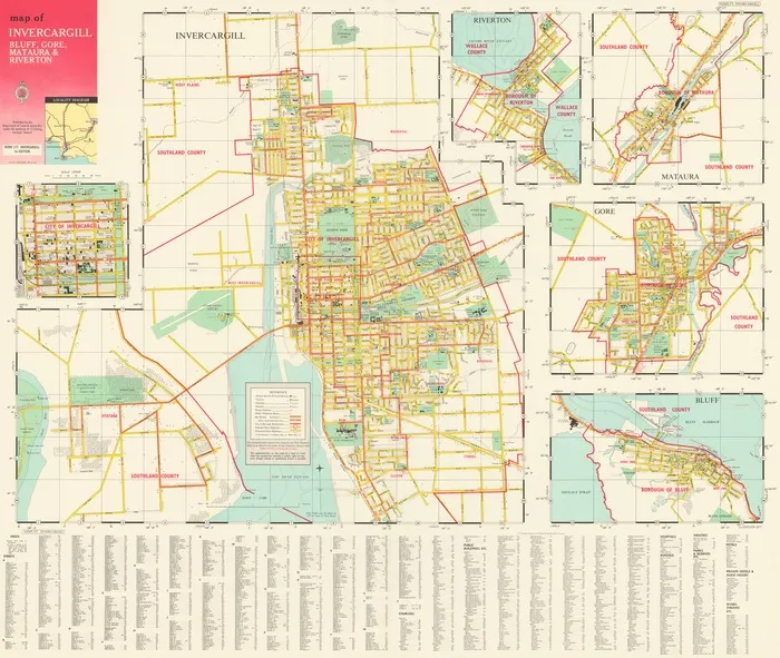 Map of Invercargill, Bluff, Gore, Mataura & Riverton.