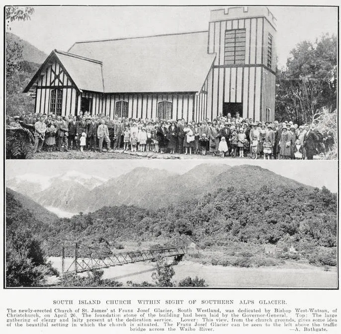 South Island church within sight of Southern Alps glacier