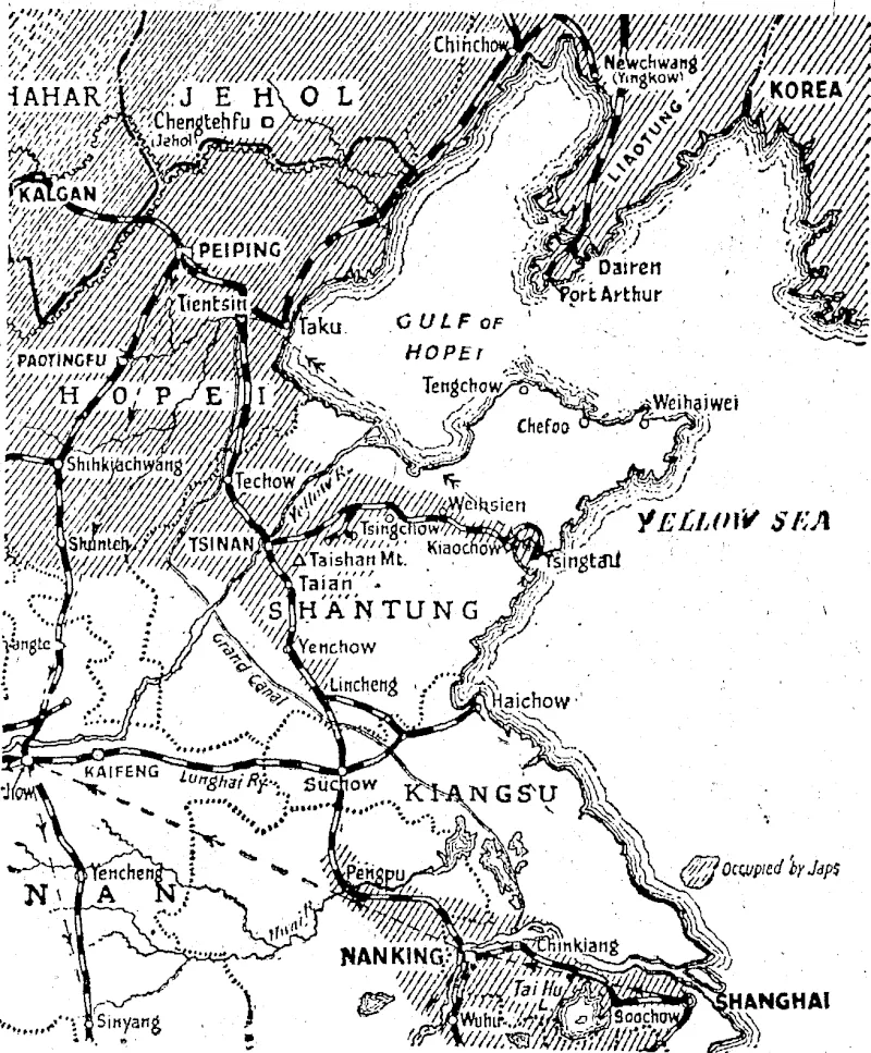 The areas occupied by the Japanese'in the theatre of the present operations in China are illustrated by shading in the .above, map. Pushing down the Tientsin-Nanking railway to lake Suchow and then link up with their forces in the south, the Japanese are now being harassed on their flanks south of Linchang and are reported to be in a difficult position. (Evening Post, 30 March 1938)