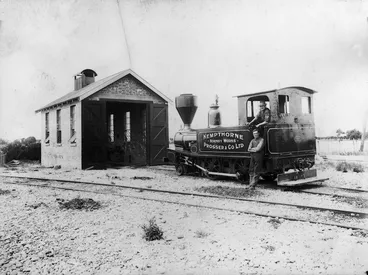 Image: Steam locomotive on Kempthorne Prosser & Co Ltd's private railway, Christchurch