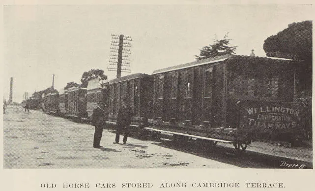 Old horse cars stored along Cambridge Terrace