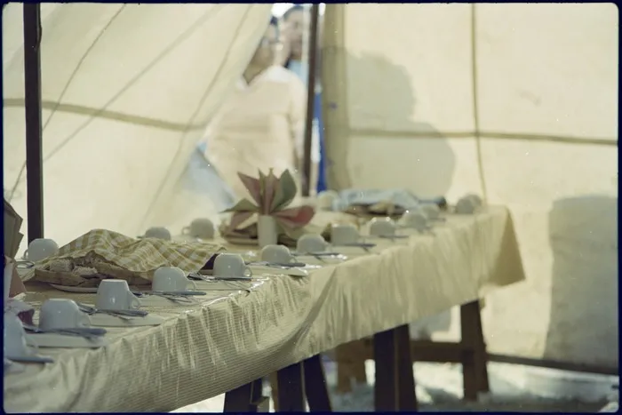 Food table in tent, Poutu Marae, Shannon