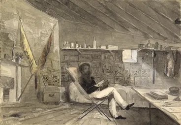 Image: Warre, Henry James, 1819-1898 :Interior of my hut. Camp before Sebastopol. July 1855. The walls are decorated with the prints from the Illustrated London news.