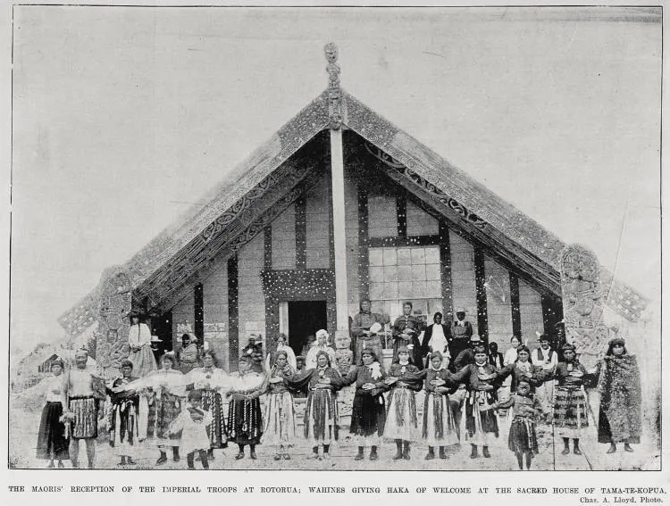 The Māori's reception of the Imperial Troops at Rotorua; Wahine giving Haka of welcome at the sacred house of Tama-Te-Kopua [Tama Te Kapua]