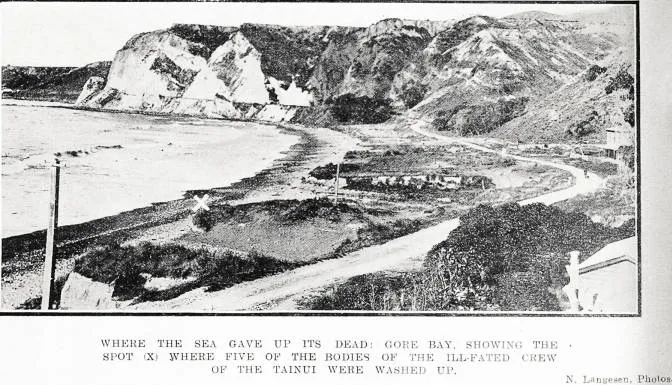 Where the sea gave up its dead: Gore Bay, showing the spot (x) where five of the bodies of the ill-fated crew of the Tainui were washed up