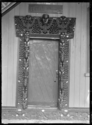 Image: Closeup view of the doorway of Te Tikanga a Tawhiao meeting house at Ngatira, South Waikato