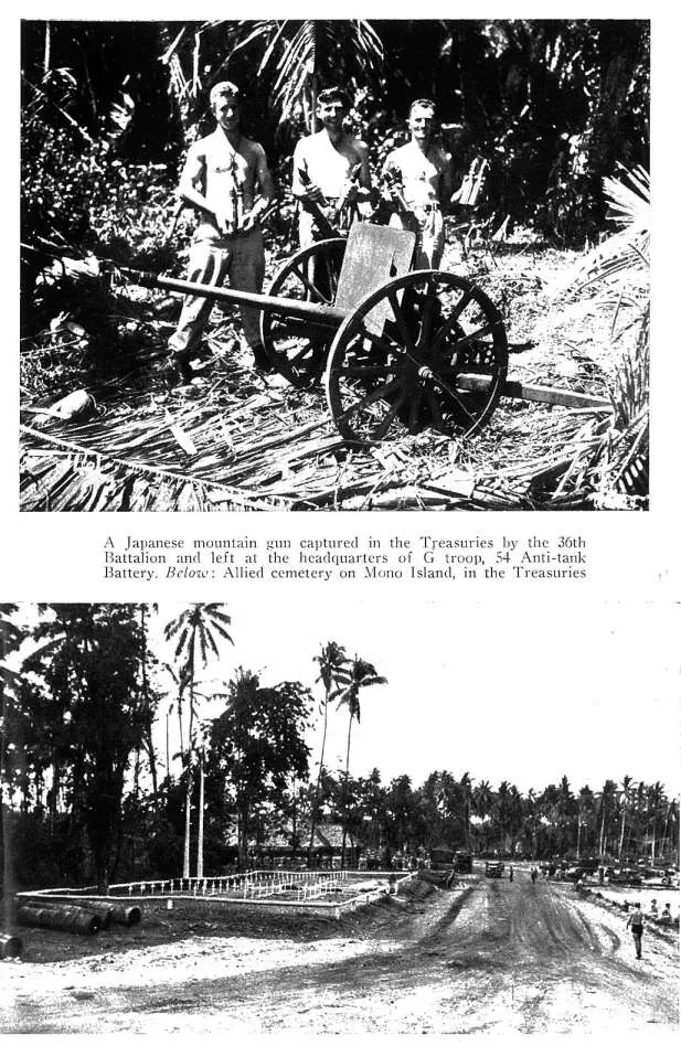 A Japanese mountain gun captured in the Treasuries by the 36th Battalion and left at the headquarters of G troop, 54 Anti-tank Battery. Allied cemetery on Mono Island, in the Treasuries