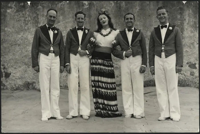 Kiwi Concert Party members, in costume, Pacific area