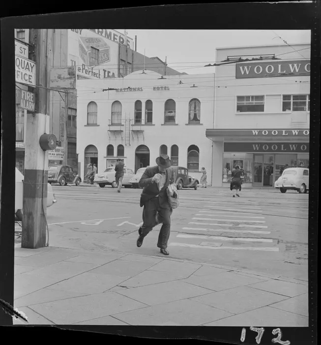 A Pedestrian struggling against the wind, Lambton Quay, Wellington
