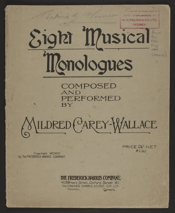 Eight musical monologues / composed and performed by Mildred Carey-Wallace.