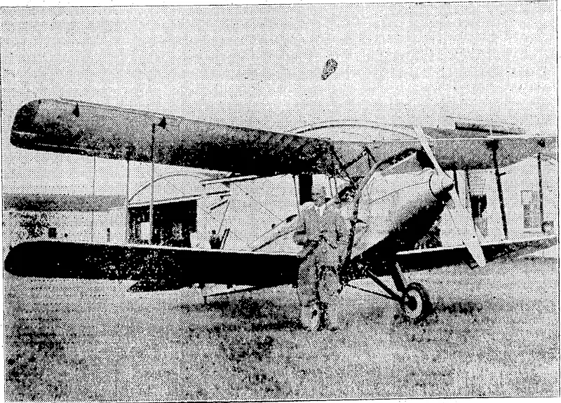 GIFT 'PLANE TO THE WELLINGTON AERO CLUB.—The Sunmonds-Sparlan,. light 'plane, presented by the proprietors of the "Evening Post" whiqh is cxpectedto reach Rdngotai■ Aefodrome shortly before 2 o'clock this afternoon from Christchurch. It will be piloted by Captain: Stedman, . ' seen standing beside the 'plane. '; (Evening Post, 01 February 1930)