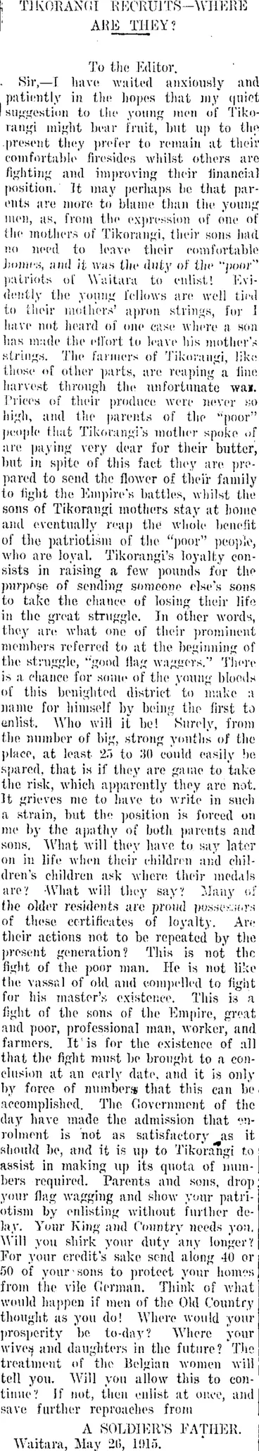 Image: TIKORANGI RECRUITS-WHERE ARE THEY? (Taranaki Daily News 28-5-1915)