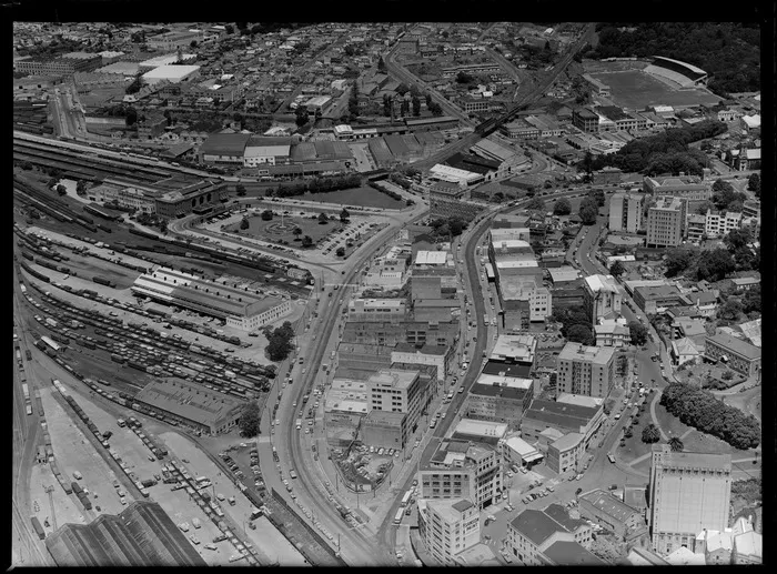 Beach Road and Anzac Avenue with Te Taou Reserve and Auckland Railway Station, Auckland City