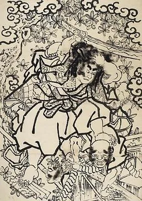 Oniwaka Maru (Benkei in boyhood) as an apprentice monk at Shôshazan discomfiting the monks with whom he has quarrelled