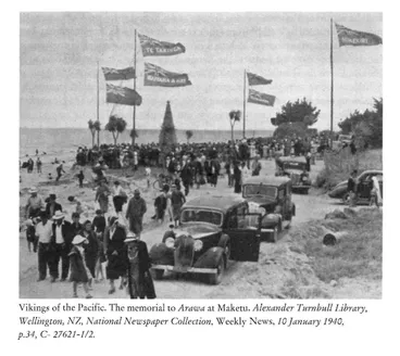 Image: Vikings of the Pacific. The memorial to Arawa at Maketu. Alexander Turnbull Library, Wellington, NZ, National Newspaper Collection, Weekly News, 10 January 1940, p34, C-27621-1/2