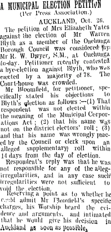 Image: A MUNICIPAL ELECTION PETITION. (Taranaki Daily News 27-10-1905)