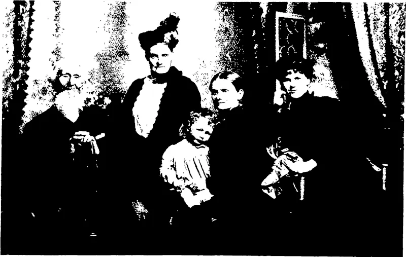 FIVE GENERATIONS.  The patriarch of the group is Mr William Brash, of Ngapara, 85 years of ago. He was bora at Alderston, Midlothian, and brought his family to Otago in the ship Three Bells, some fifty years ago. The great-grandmother is h''s eldest daughter, M!rs James Pryde, of Toitara-tahi. Her daughter, Mrs Jamea Oliver, of Maheno, is the grandmother, and her daughter and the baby are the fourth and fifth generations. —Mahan, photo. (Otago Witness, 13 February 1907)
