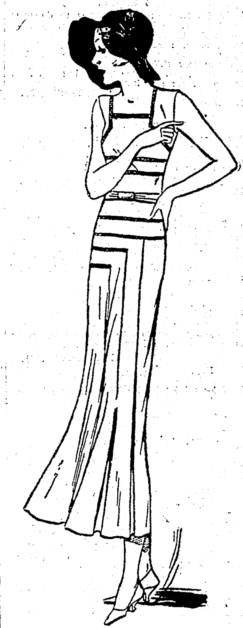 In rose'pihk Japanese crepe, and' with characteristic alertness tofashion trends, Paris presents this: afternoon-dress with interesting insets on corsage and about the hips, together with box-pleats and drawn threads for trimming. '■ (Evening Post, 18 June 1932)