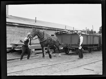 Image: William Williams and unidentified workman with a draught horse pulling a carriage full of timber, at the Kakahi Settlement Sawmill, Manawatu-Whanganui Region