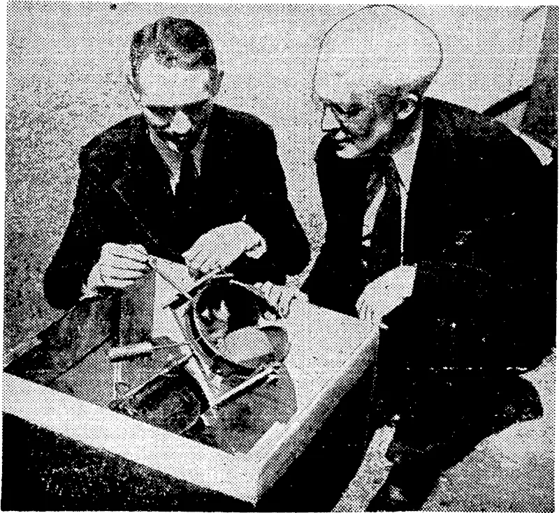 Sport and General" Photo, Using mirrors, ihe Hayden Planetarium of the American Museum of Natural History is to bring the sun indoors and make it visible on the (tsky" of the planetarium's dome. The apparatus consists^ of three Bin mirrors, which reflect the sun to ihe roof of the planetarium. Mr. Ernest Deike, chief technician of the planetarium, is seen explaining the operation of the mechanism to Dr. Clyde Fisher9 curator-in-chief of the Hayden Planetarium. (Evening Post, 15 July 1938)