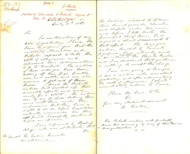 Received: 11 July 1863 From: H. Halse, Onehunga. Subject: Natives of Ihumatao and Pukaki refuse to take the oath of allegiance