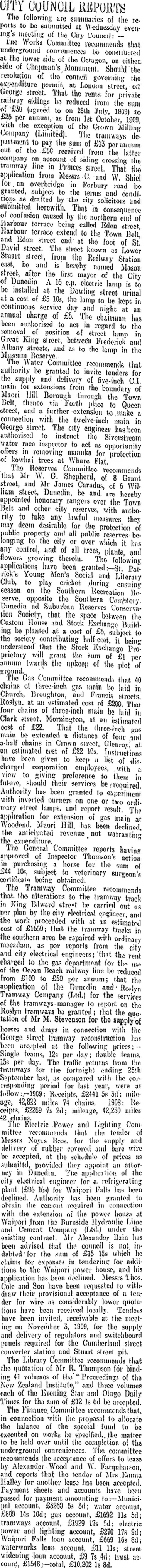 Image: CITY COUNCIL REPORTS (Otago Daily Times 4-10-1909)