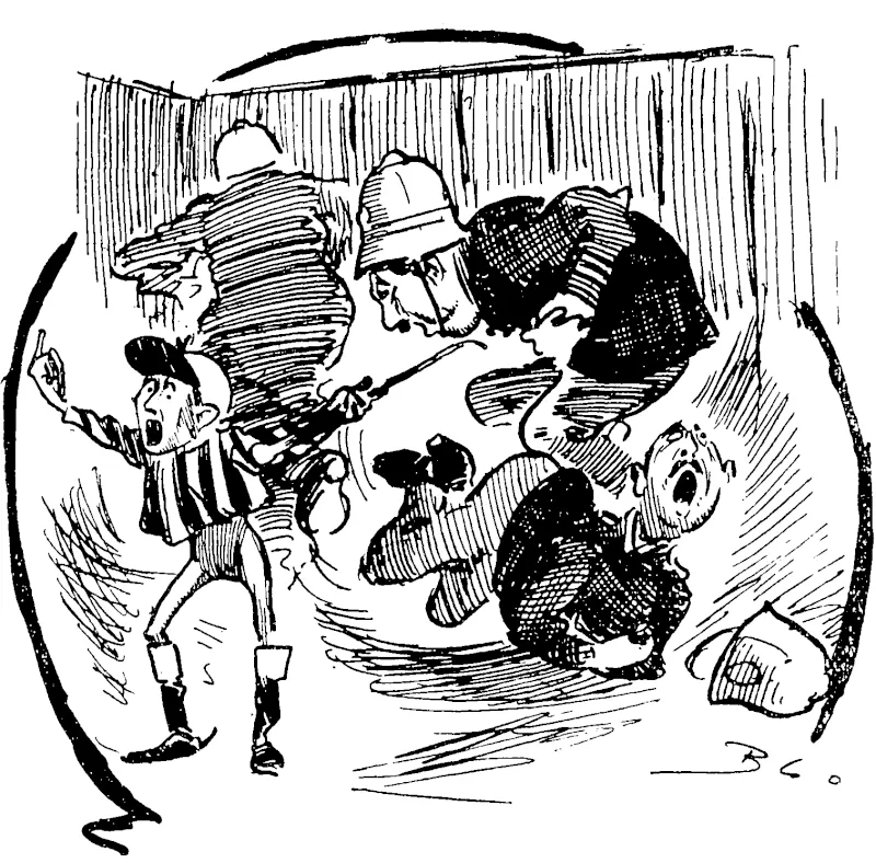 POISONED POLICEMEN.���A CASE OF  Juvenile Jockey (at Paeroa Racecourse) : Aye, boys, hurry up. Here's the coppers all down with bad insides. It's the fun of yer life ; never see it again. Yer can laugh, and they can't run yer in. (Observer, 31 March 1906)