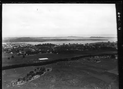 Looking down from One Tree Hill to Onehunga and Manukau Harbour.